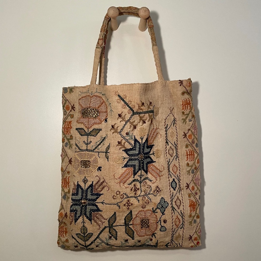 Small Antique Embroidered French Linen Tote